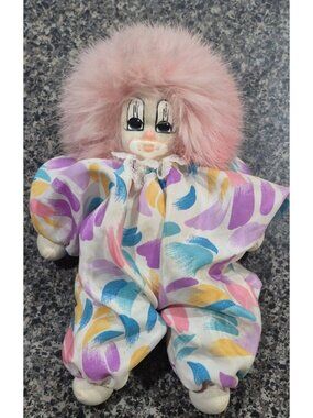 Vintage Unique Q-Tee Clown Doll Shelf Sitter 8.5" Pink Hair Collectible